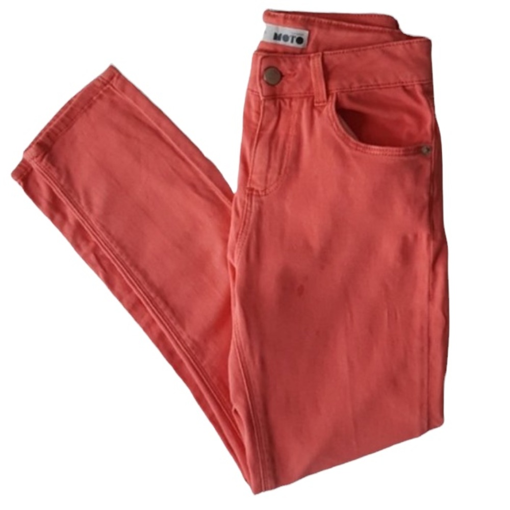 Topshop MOTO Skinny Jeans Orange Factory Distressed Denim